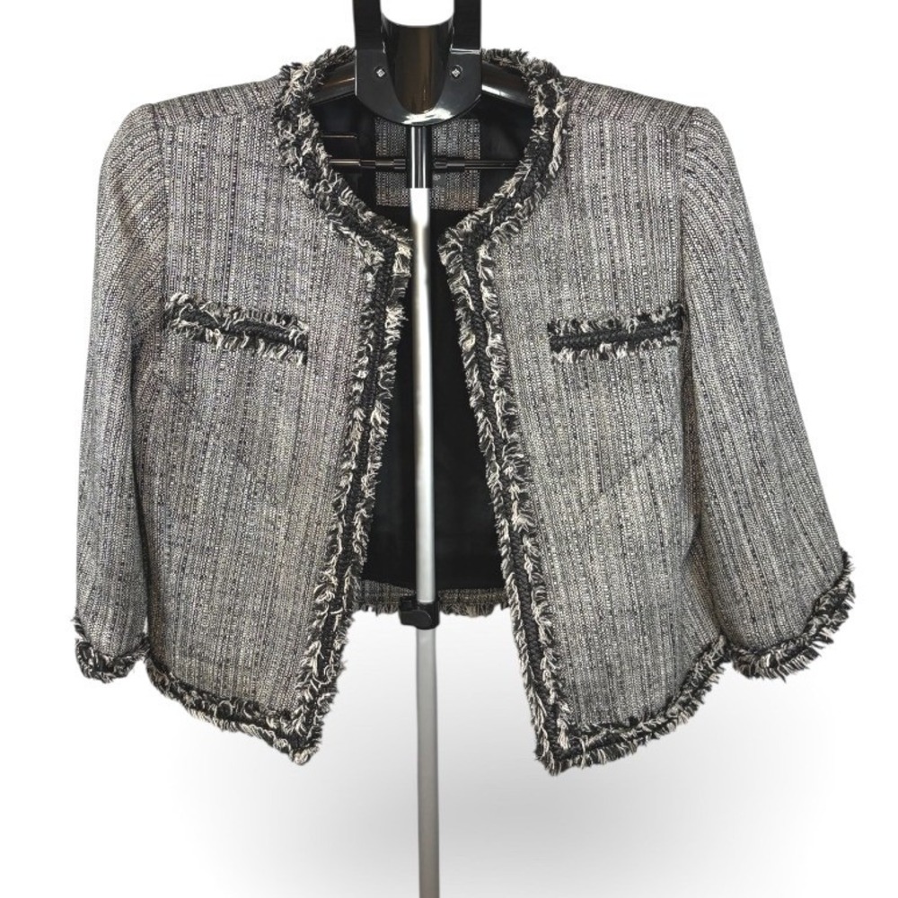 Anthracite Women Black White Tweed Cropped Blazer Jacket Braided Trim Fringe 8P‎